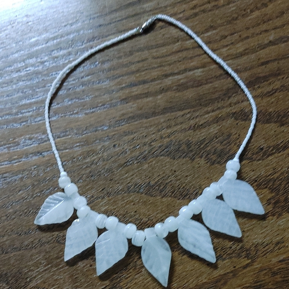 White Carved Stone Leaf Necklace